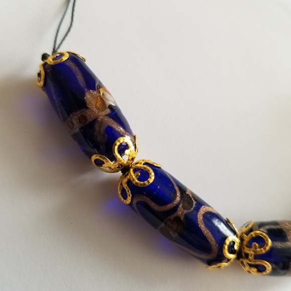 Handmade beaded bracelet cobalt blue art glass beads gold tone black cord - Picture 7 of 11